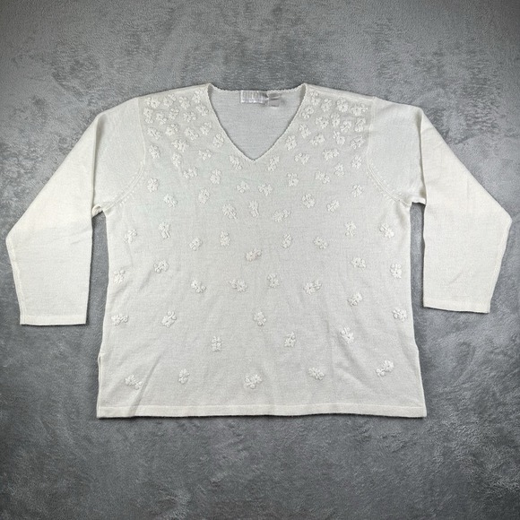 VTG Liz Claiborne Sweater Sz 1 Ivory Floral Knit Marino Wool Blend Preppy - Picture 1 of 13